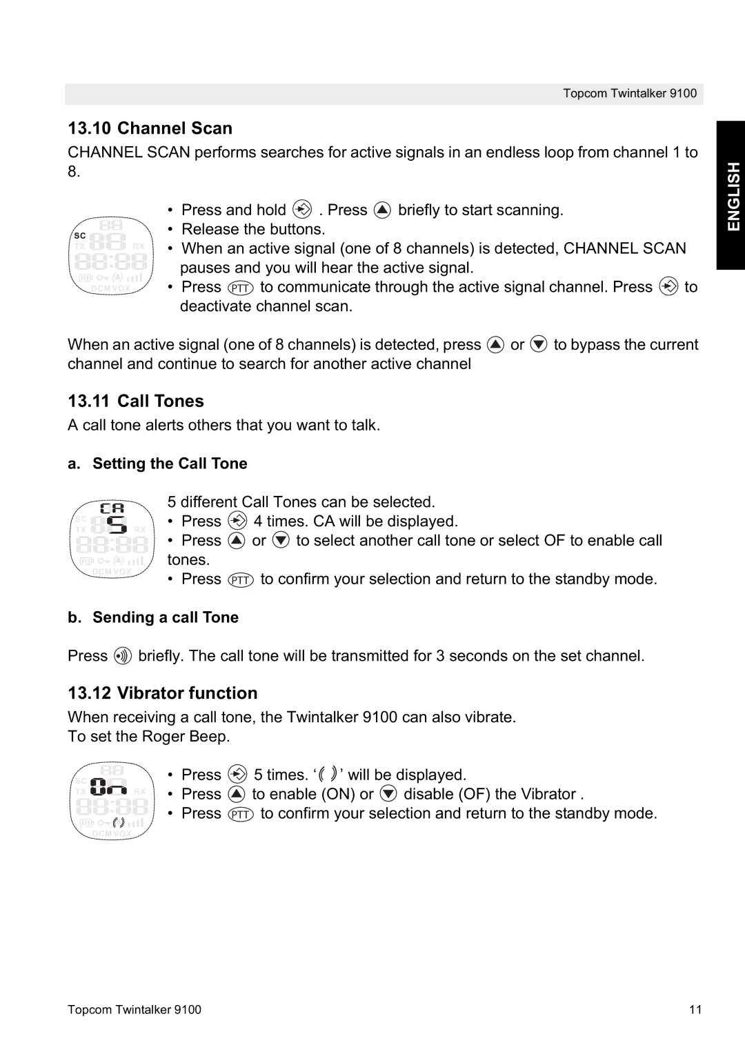 Topcom 9100 user manual Channel Scan, Call Tones, Vibrator function 