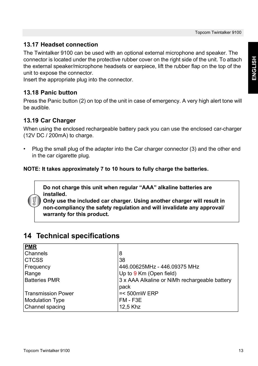 Topcom 9100 user manual Technical specifications, Headset connection, Panic button, Car Charger 