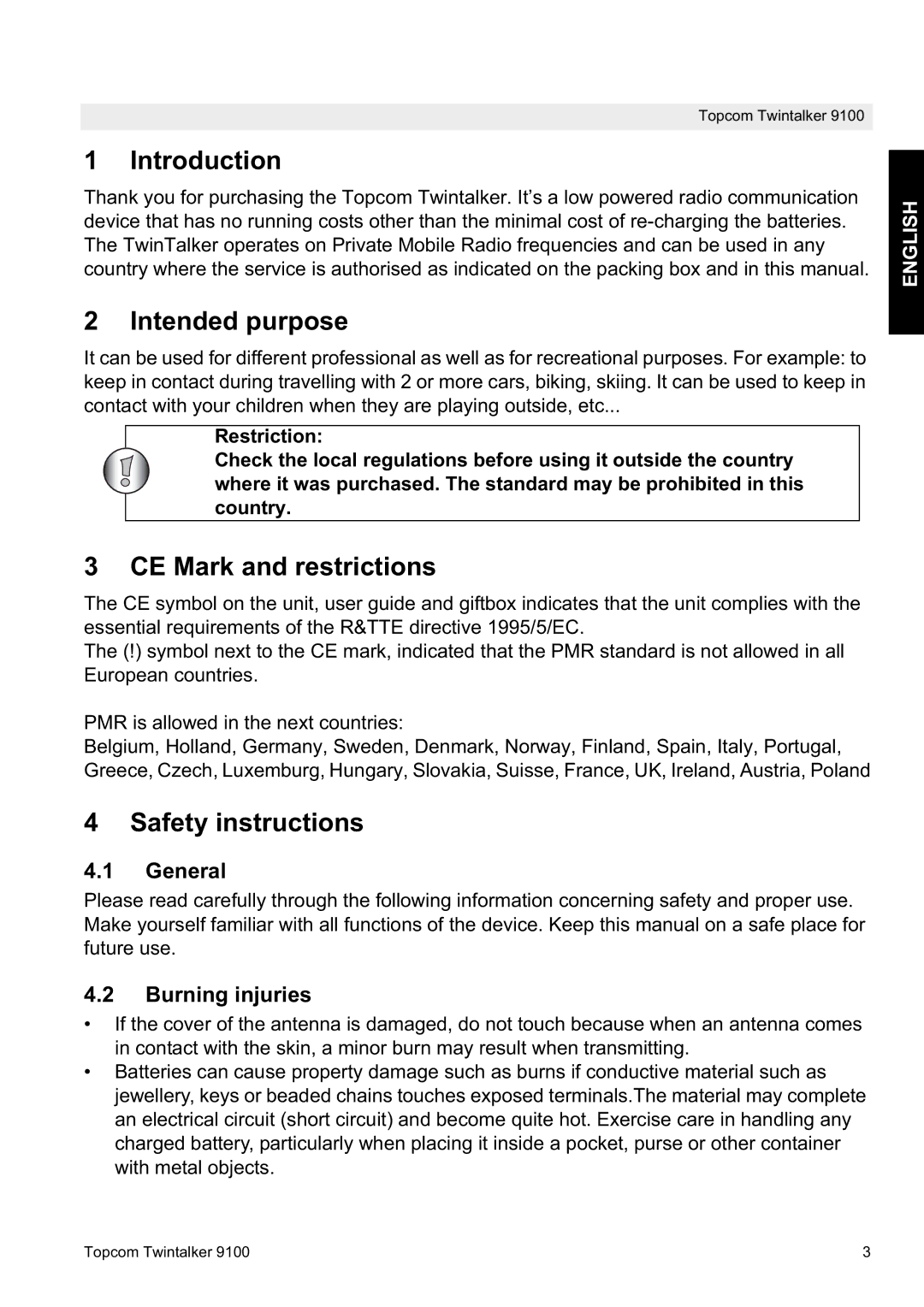 Topcom 9100 user manual Introduction, Intended purpose, CE Mark and restrictions, Safety instructions 