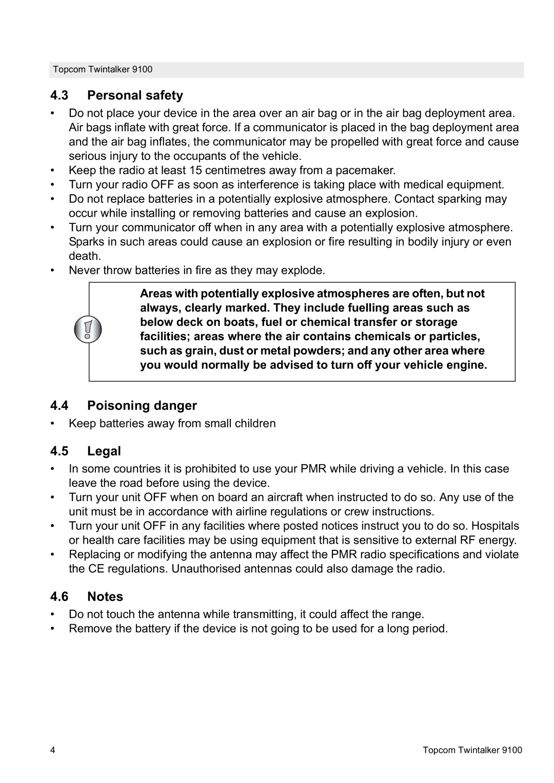 Topcom 9100 user manual Personal safety, Poisoning danger, Legal 