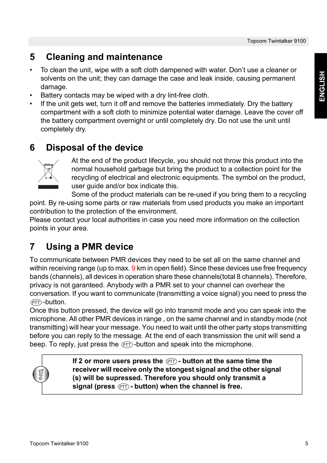 Topcom 9100 user manual Cleaning and maintenance, Disposal of the device, Using a PMR device 