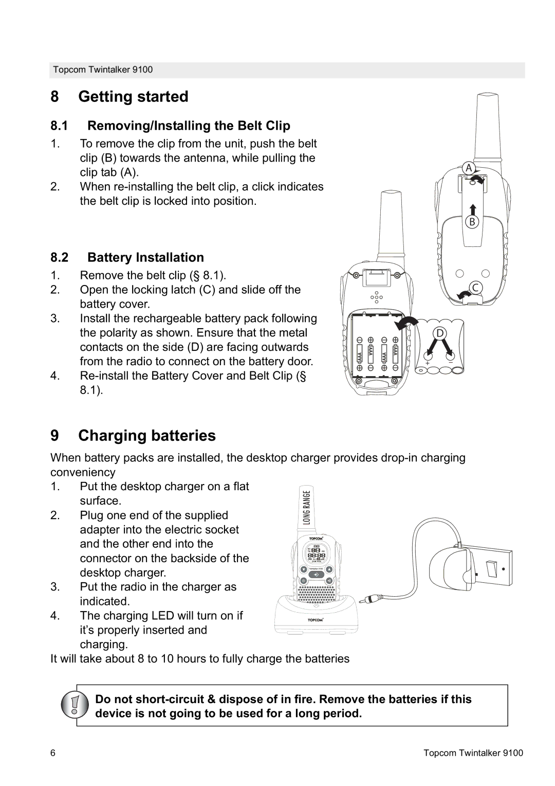 Topcom 9100 user manual Getting started, Charging batteries, Removing/Installing the Belt Clip, Battery Installation 