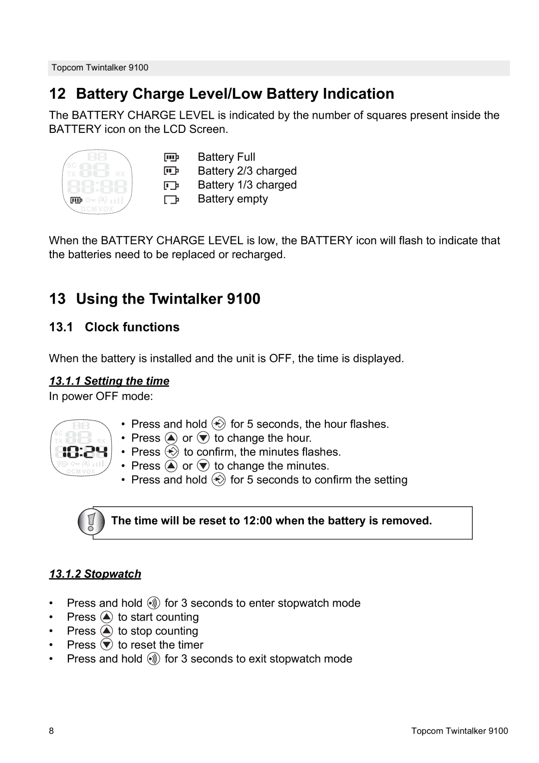 Topcom 9100 user manual Battery Charge Level/Low Battery Indication, Using the Twintalker, Clock functions 