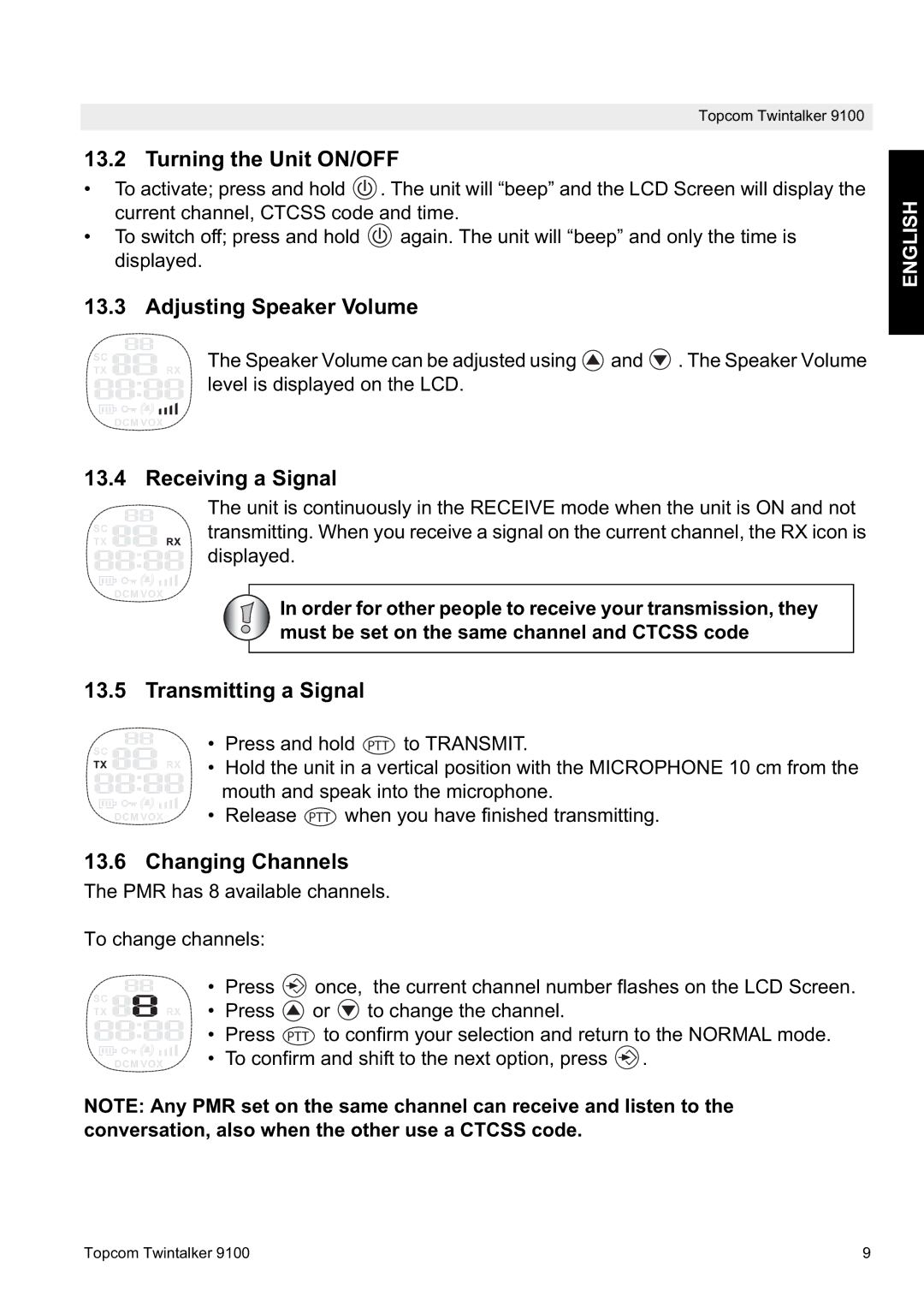 Topcom 9100 user manual Turning the Unit ON/OFF, Adjusting Speaker Volume, Receiving a Signal, Transmitting a Signal 