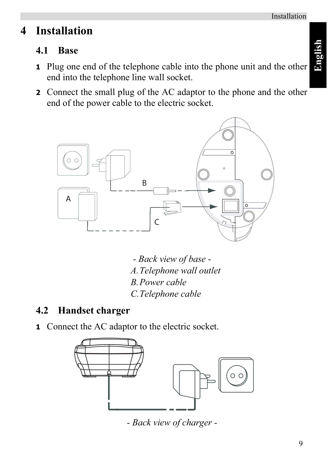 Topcom 920 manual Installation, Handset charger 