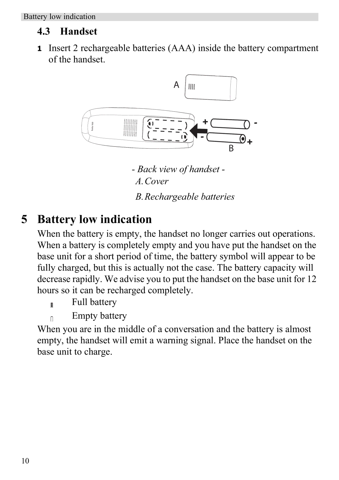 Topcom 920 manual Battery low indication, Handset 