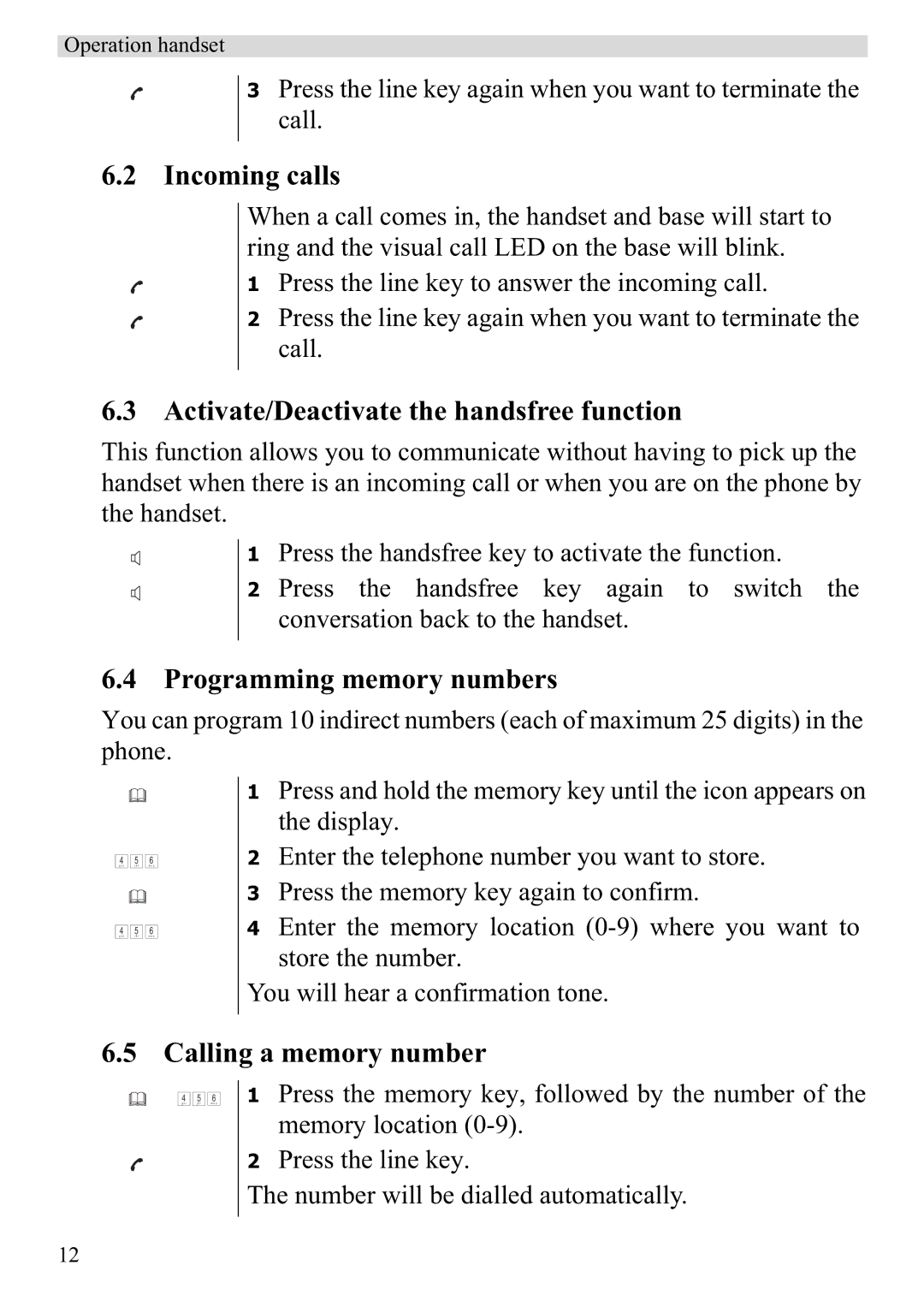 Topcom 920 Incoming calls, Activate/Deactivate the handsfree function, Programming memory numbers, Calling a memory number 