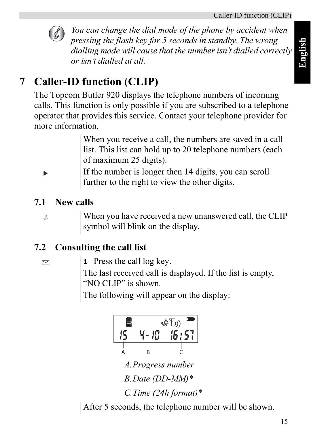 Topcom 920 manual Caller-ID function Clip, New calls, Consulting the call list 