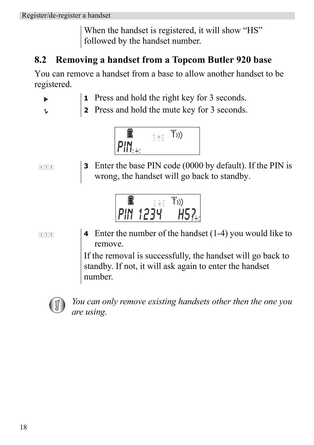 Topcom manual Pin, Removing a handset from a Topcom Butler 920 base 