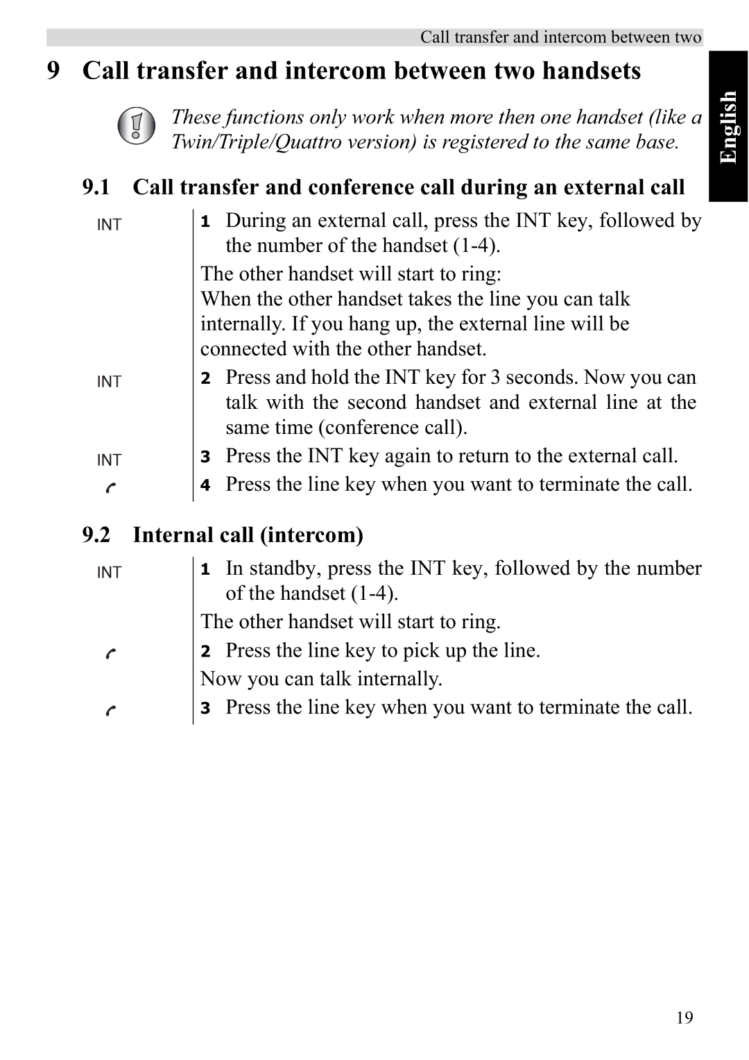 Topcom 920 Call transfer and intercom between two handsets, Call transfer and conference call during an external call 