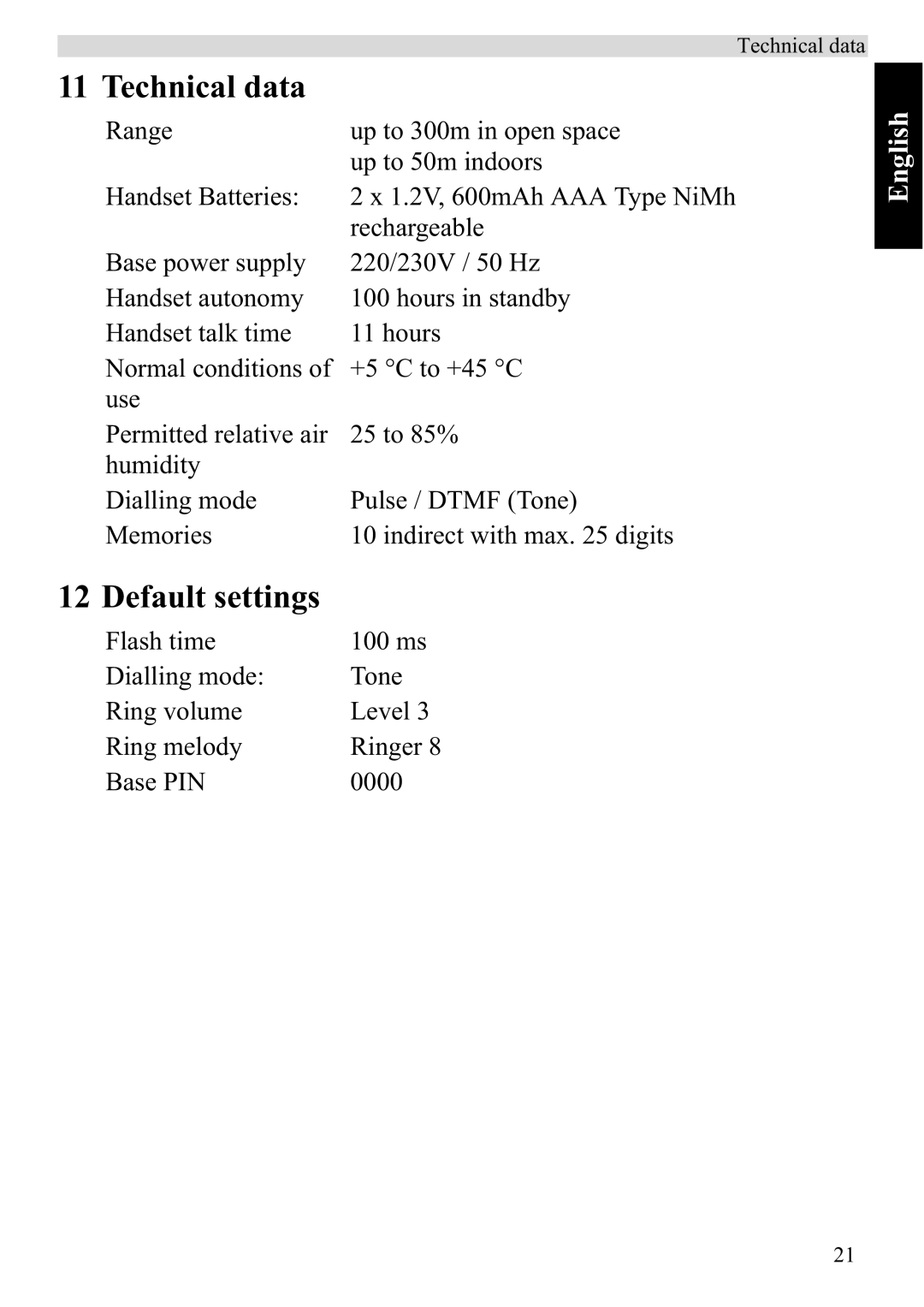 Topcom 920 manual Technical data, Default settings 