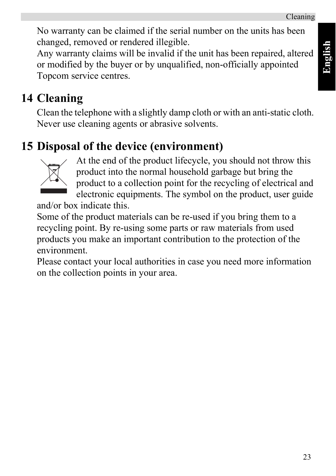 Topcom 920 manual Cleaning, Disposal of the device environment 