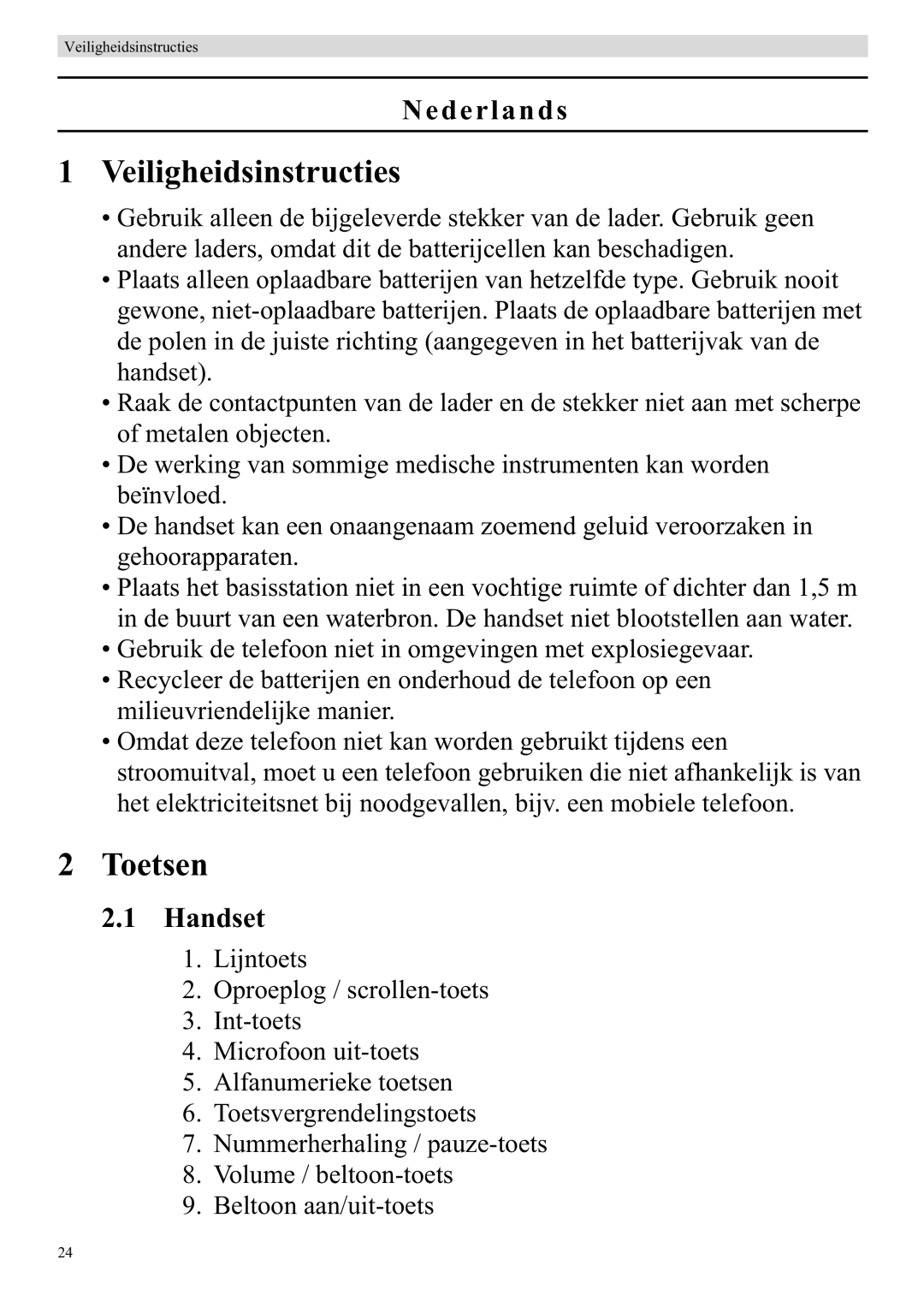 Topcom 920 manual Veiligheidsinstructies, Toetsen, Nederlands 