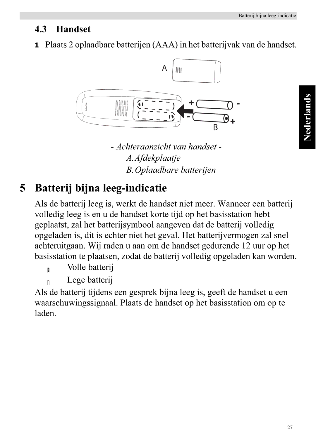 Topcom 920 manual Batterij bijna leeg-indicatie, Handset 