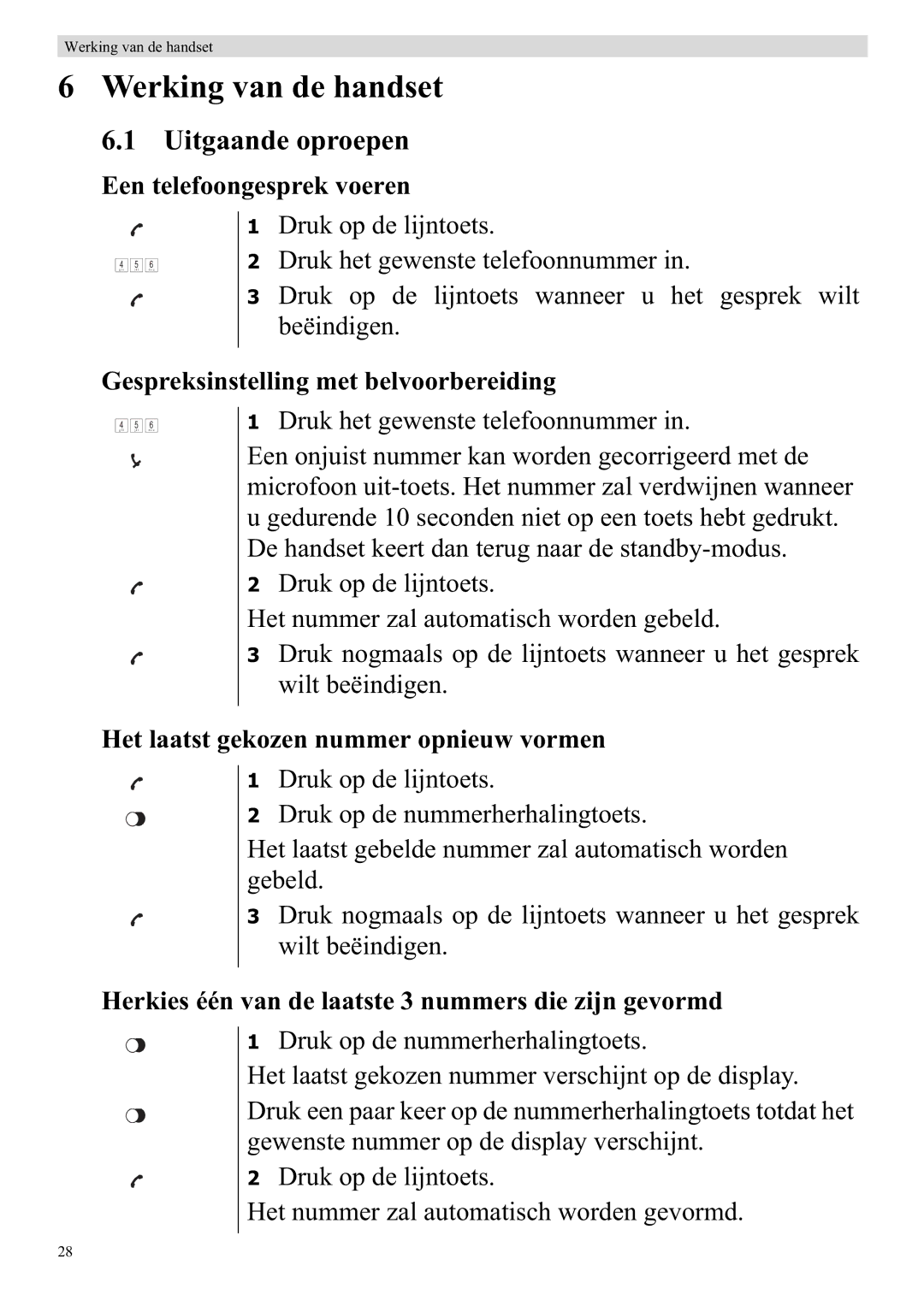 Topcom 920 manual Werking van de handset, Uitgaande oproepen 