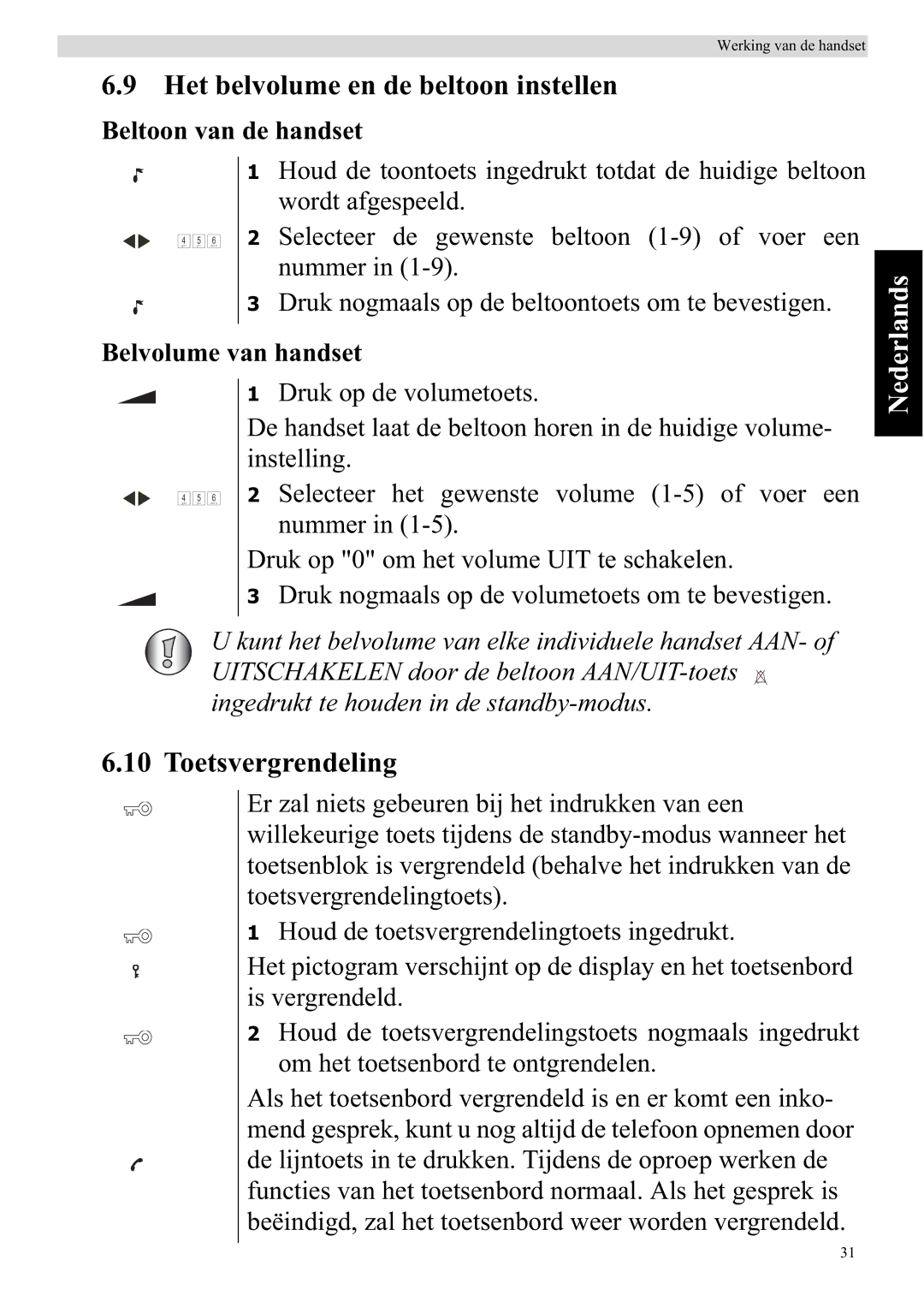 Topcom 920 manual Het belvolume en de beltoon instellen, Toetsvergrendeling, Beltoon van de handset, Belvolume van handset 