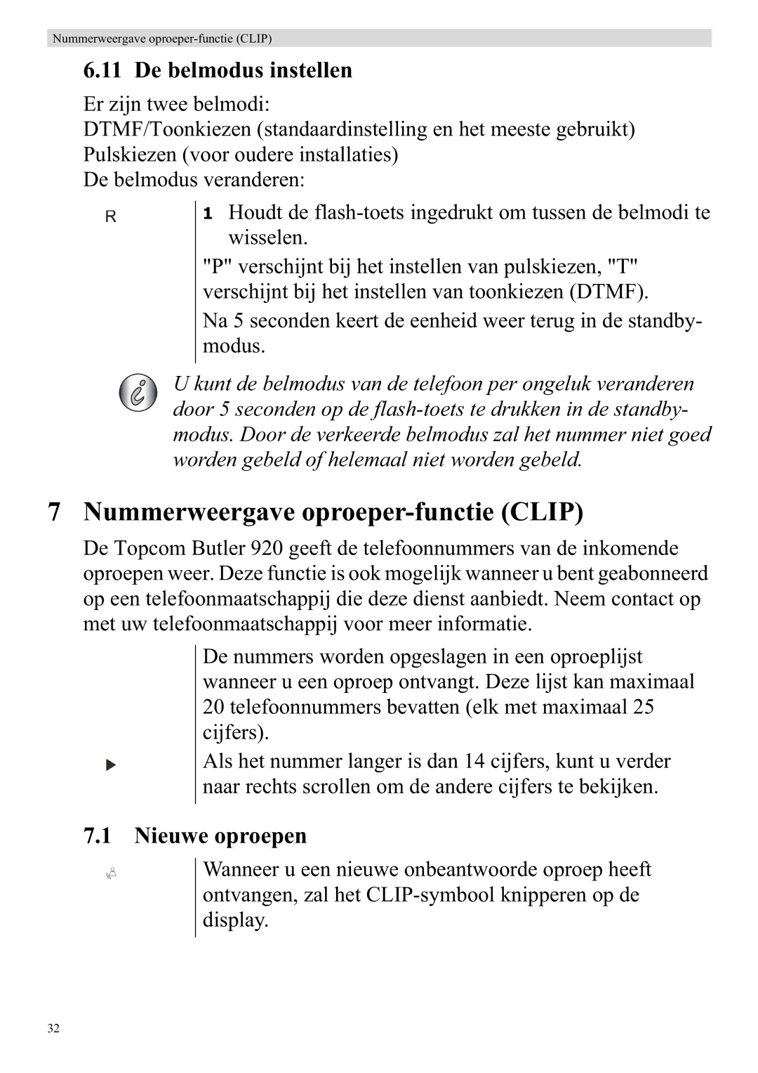 Topcom 920 manual Nummerweergave oproeper-functie Clip, De belmodus instellen, Nieuwe oproepen 