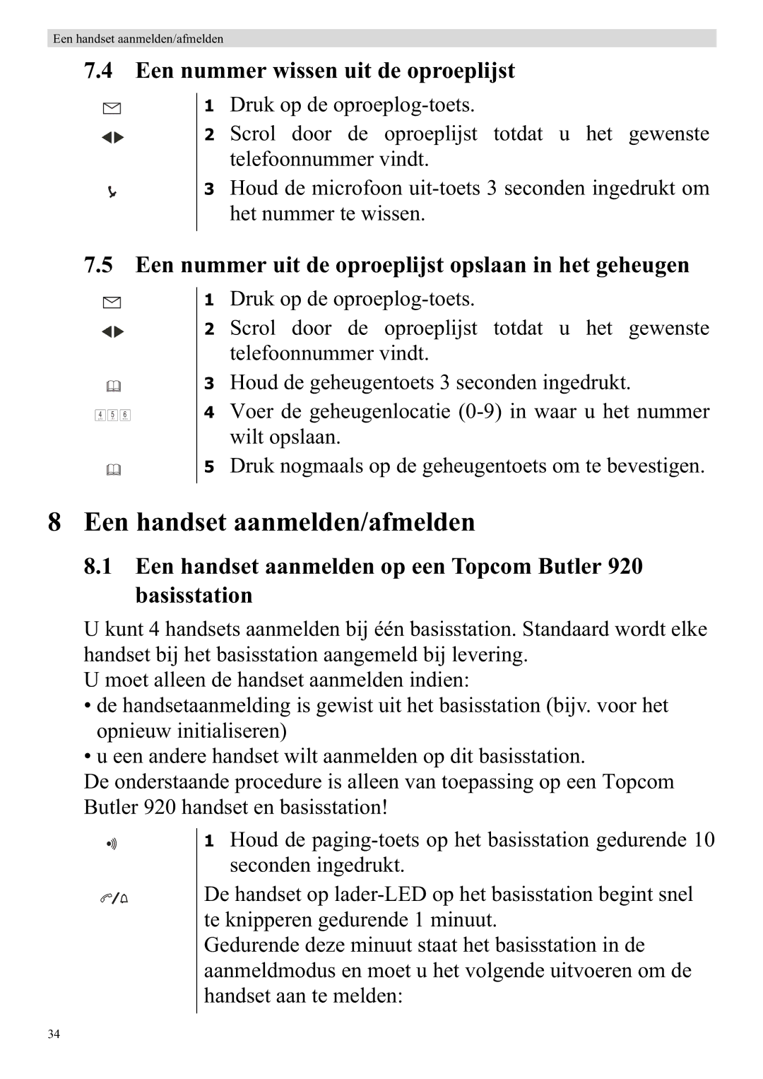 Topcom 920 manual Een handset aanmelden/afmelden, Een nummer wissen uit de oproeplijst 