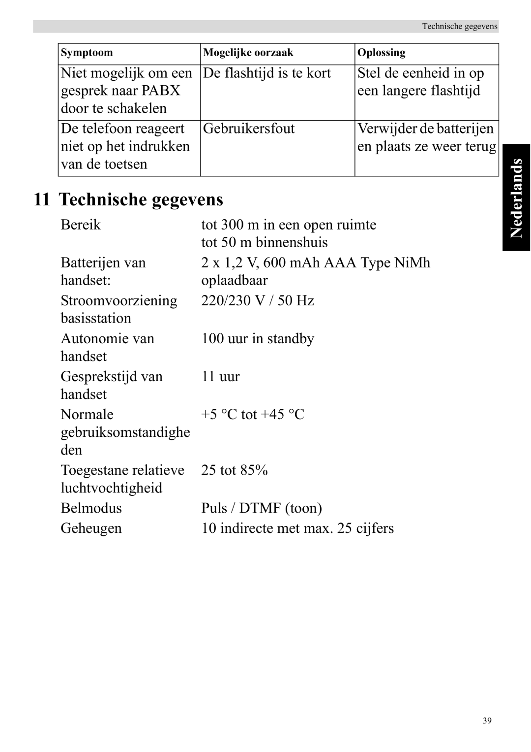 Topcom 920 manual Technische gegevens 