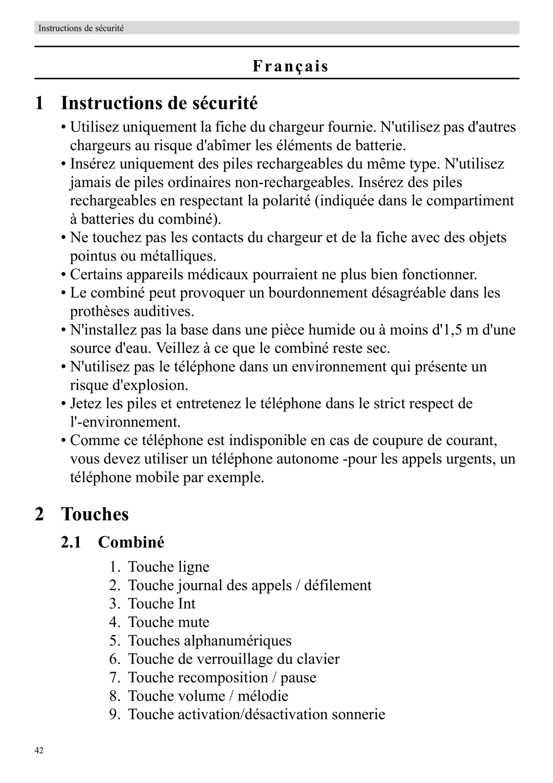 Topcom 920 manual Instructions de sécurité, Touches, Français, Combiné 