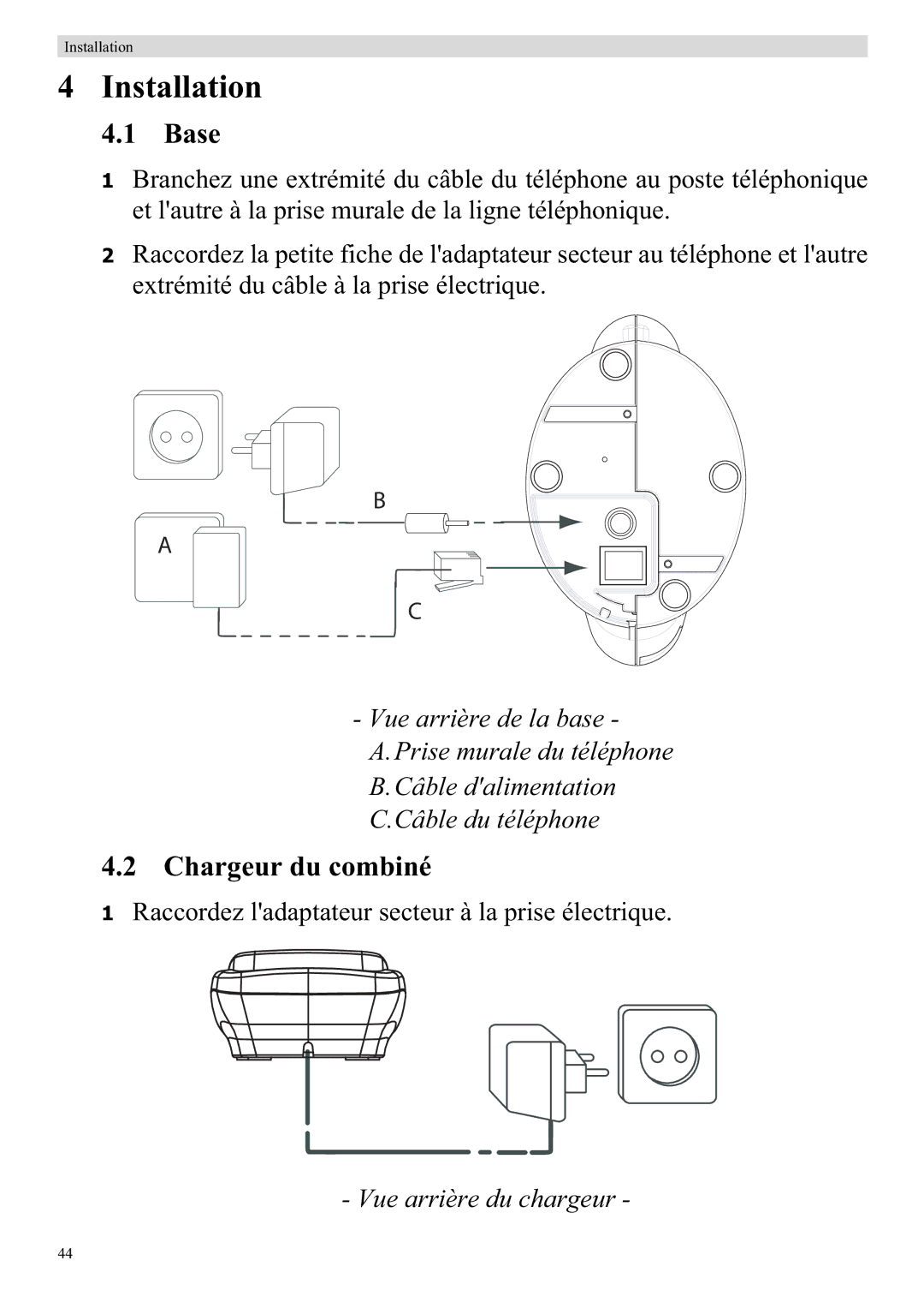 Topcom 920 manual Installation, Chargeur du combiné 