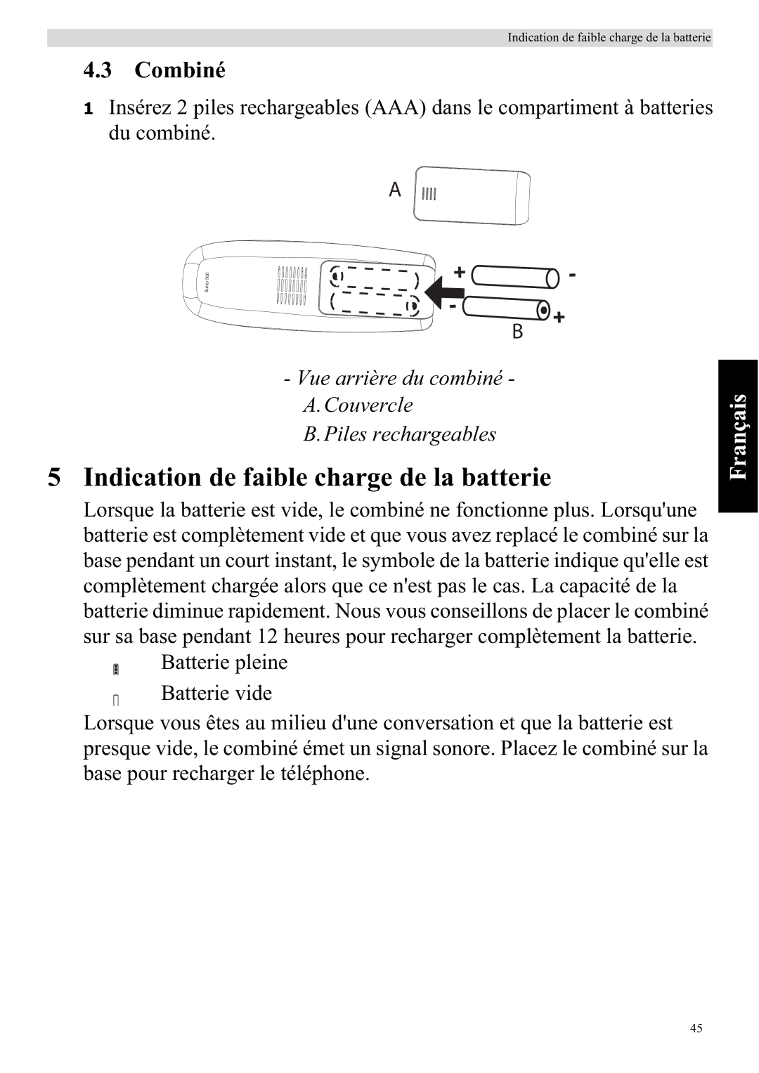 Topcom 920 manual Indication de faible charge de la batterie, Combiné 