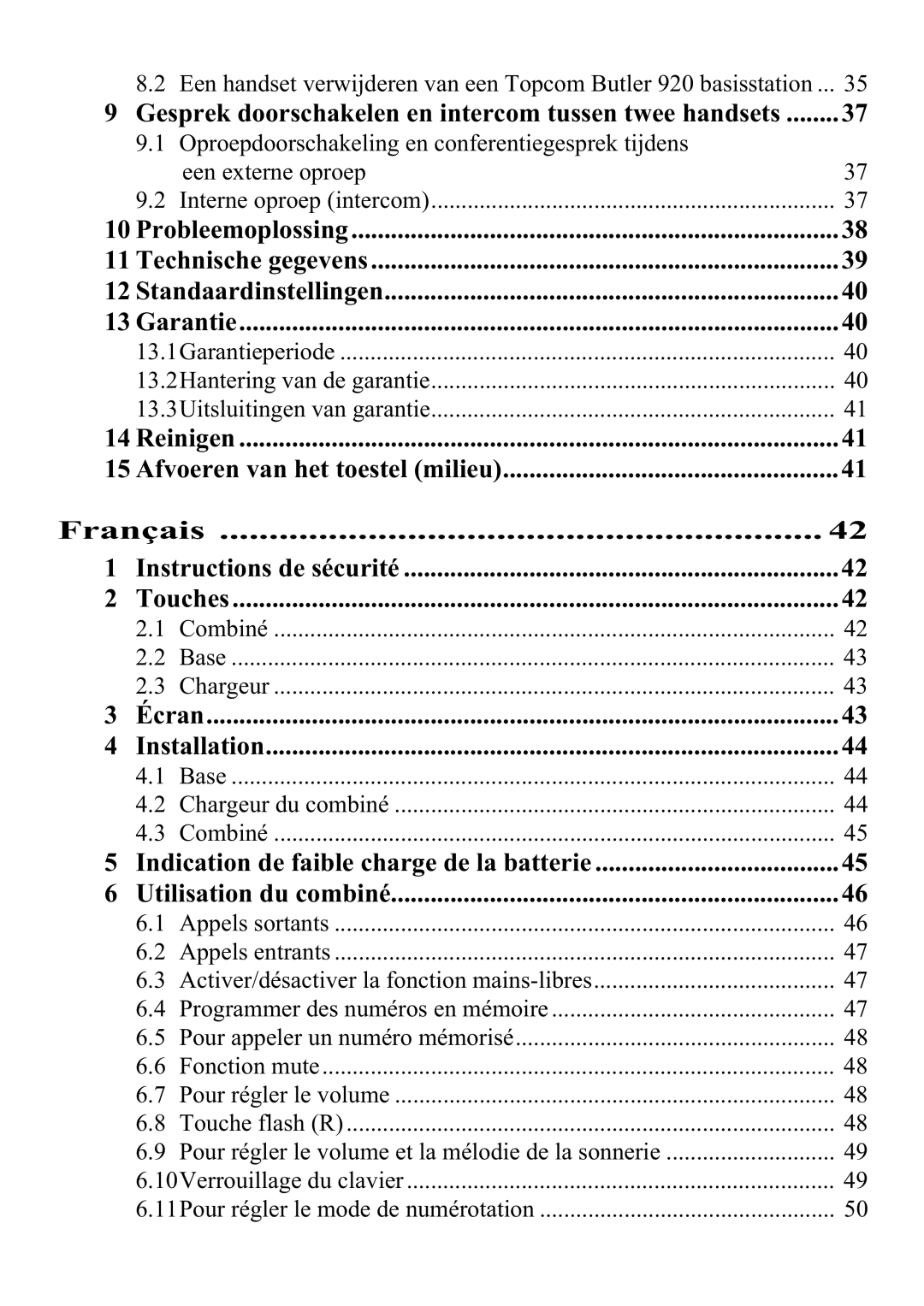 Topcom 920 manual Français, Gesprek doorschakelen en intercom tussen twee handsets 