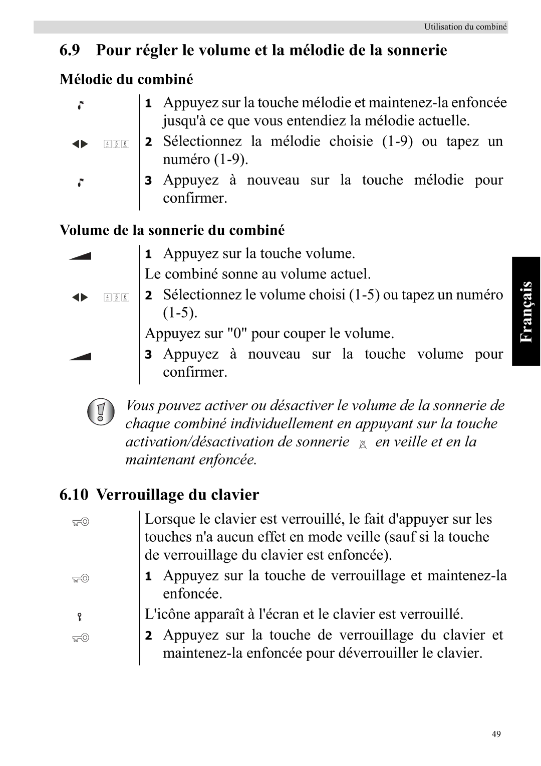 Topcom 920 manual Pour régler le volume et la mélodie de la sonnerie, Verrouillage du clavier, Mélodie du combiné 