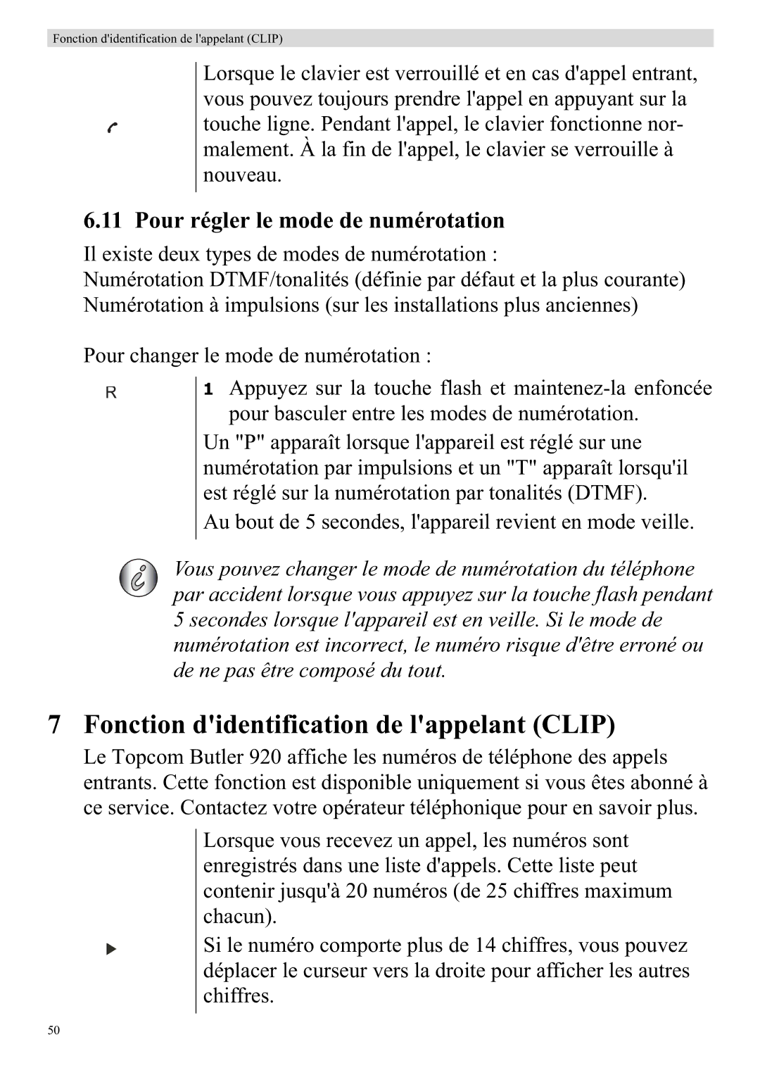 Topcom 920 manual Fonction didentification de lappelant Clip, Pour régler le mode de numérotation 