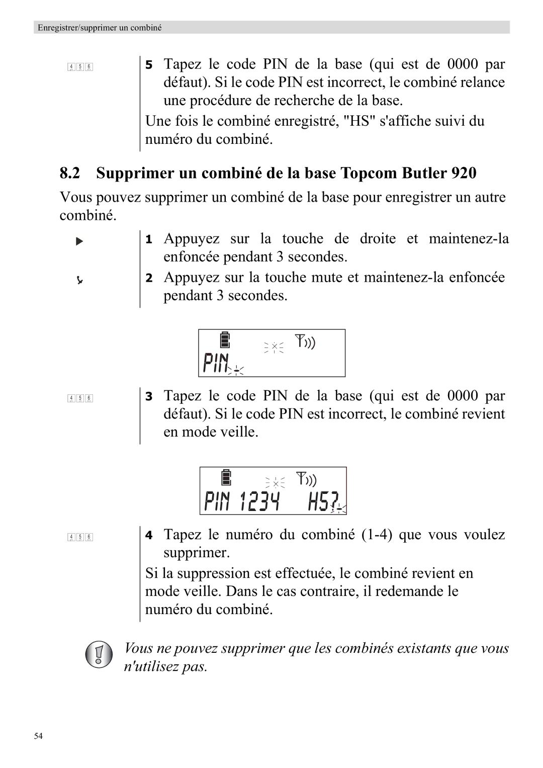 Topcom 920 manual Supprimer un combiné de la base Topcom Butler 