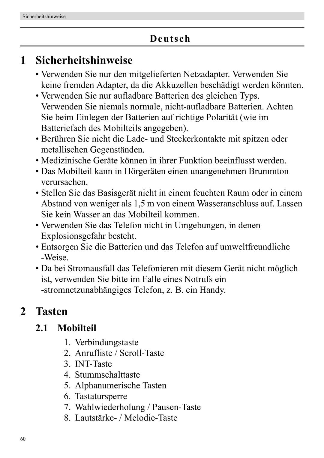 Topcom 920 manual Sicherheitshinweise, Tasten, Deutsch, Mobilteil 