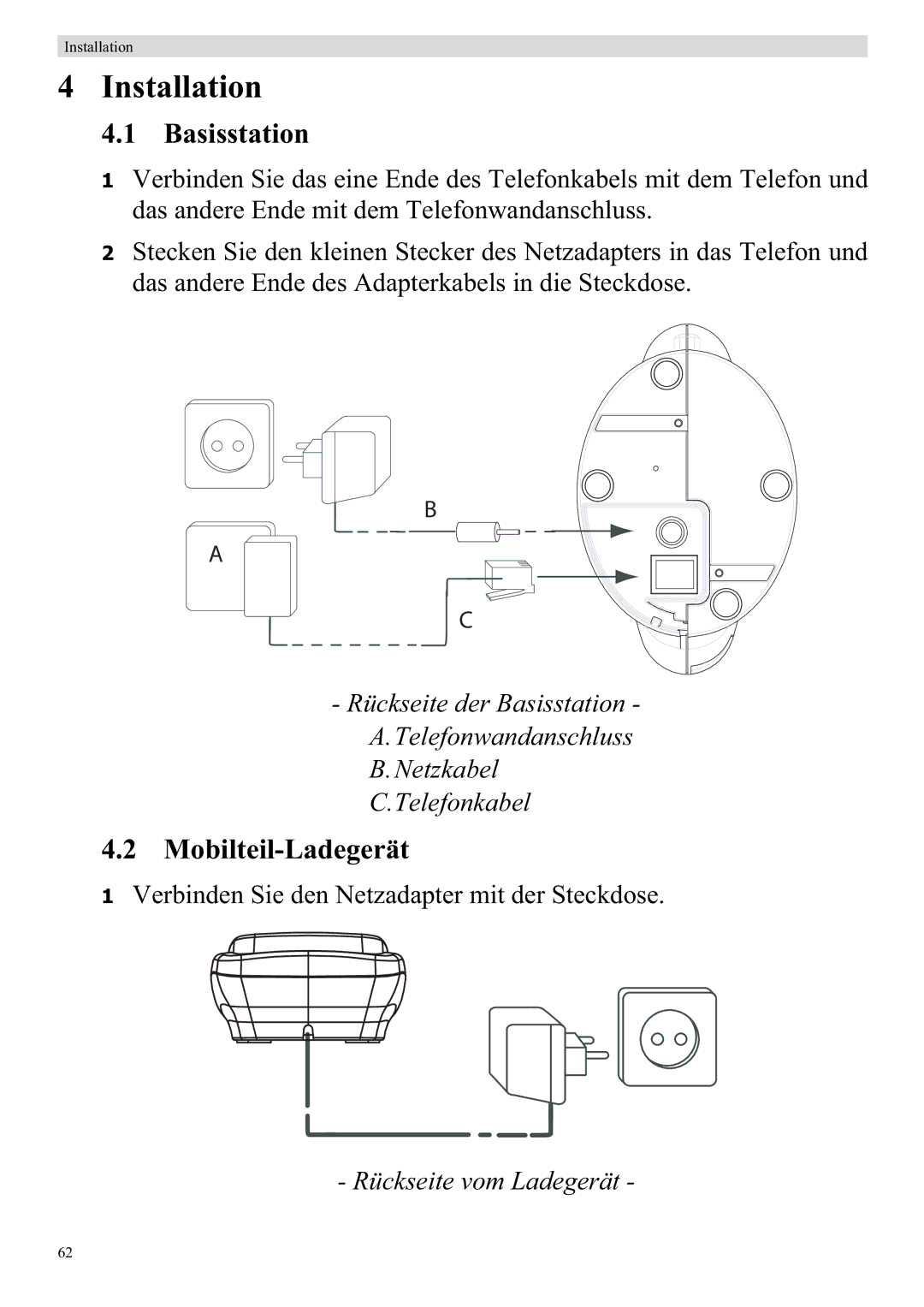 Topcom 920 manual Installation, Mobilteil-Ladegerät 