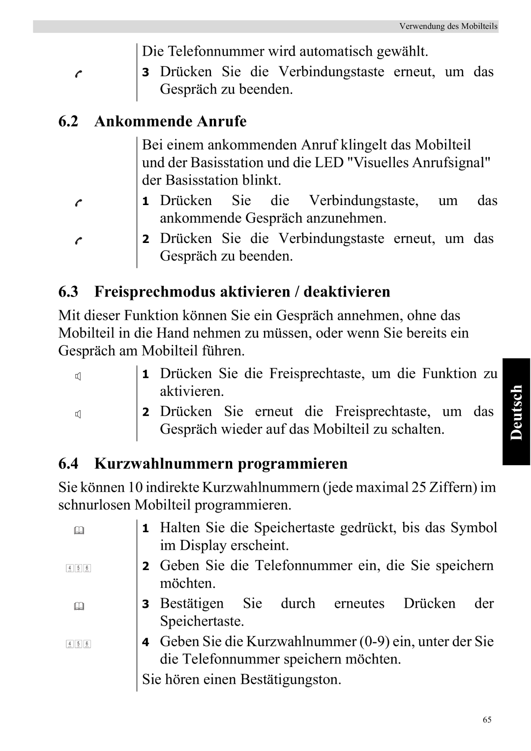 Topcom 920 manual Ankommende Anrufe, Freisprechmodus aktivieren / deaktivieren, Kurzwahlnummern programmieren 