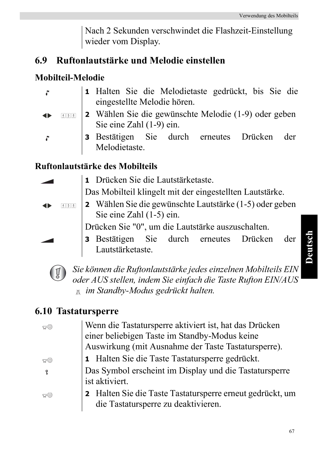 Topcom 920 Ruftonlautstärke und Melodie einstellen, Tastatursperre, Mobilteil-Melodie, Ruftonlautstärke des Mobilteils 