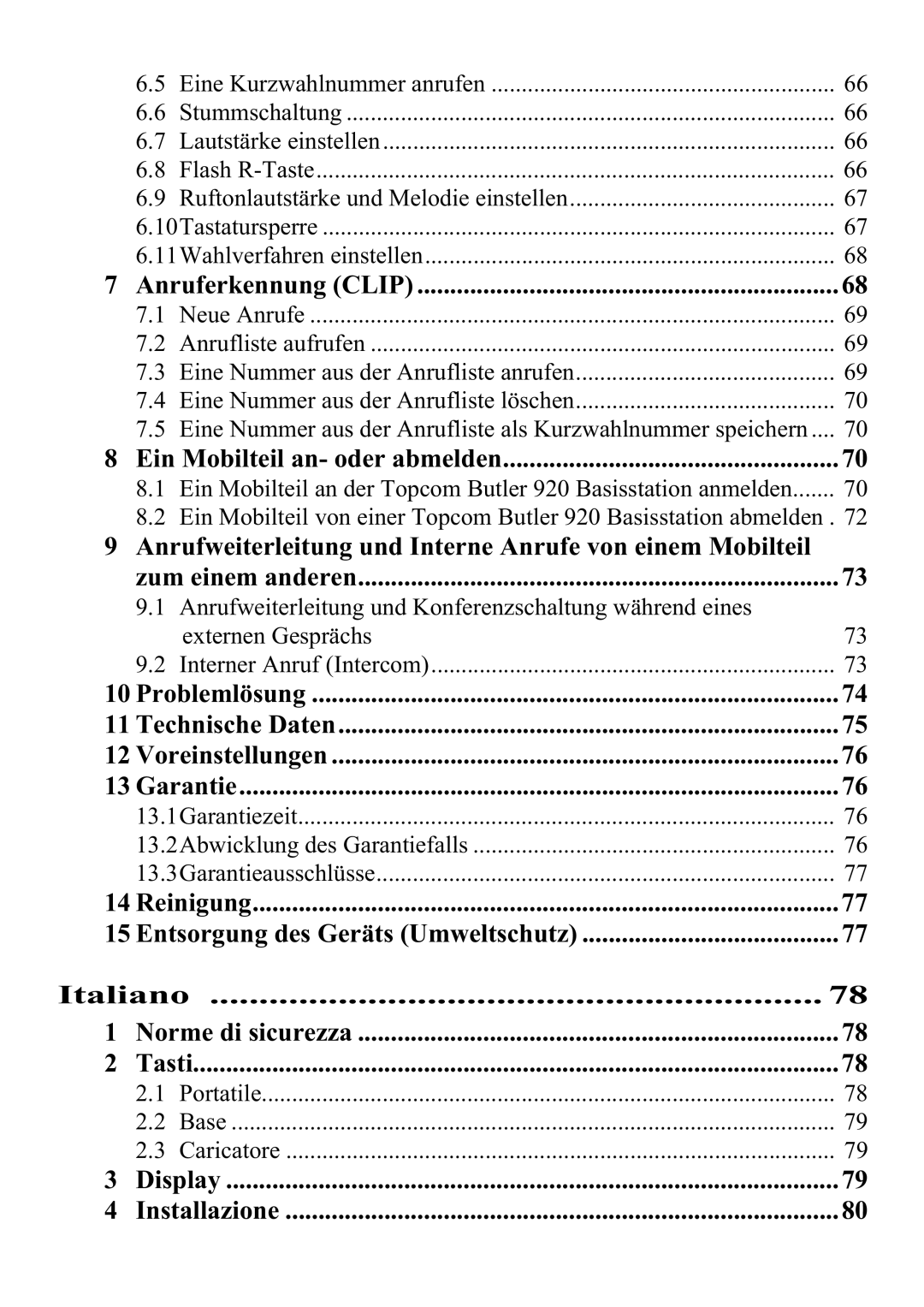 Topcom 920 manual Anrufweiterleitung und Interne Anrufe von einem Mobilteil, Italiano 