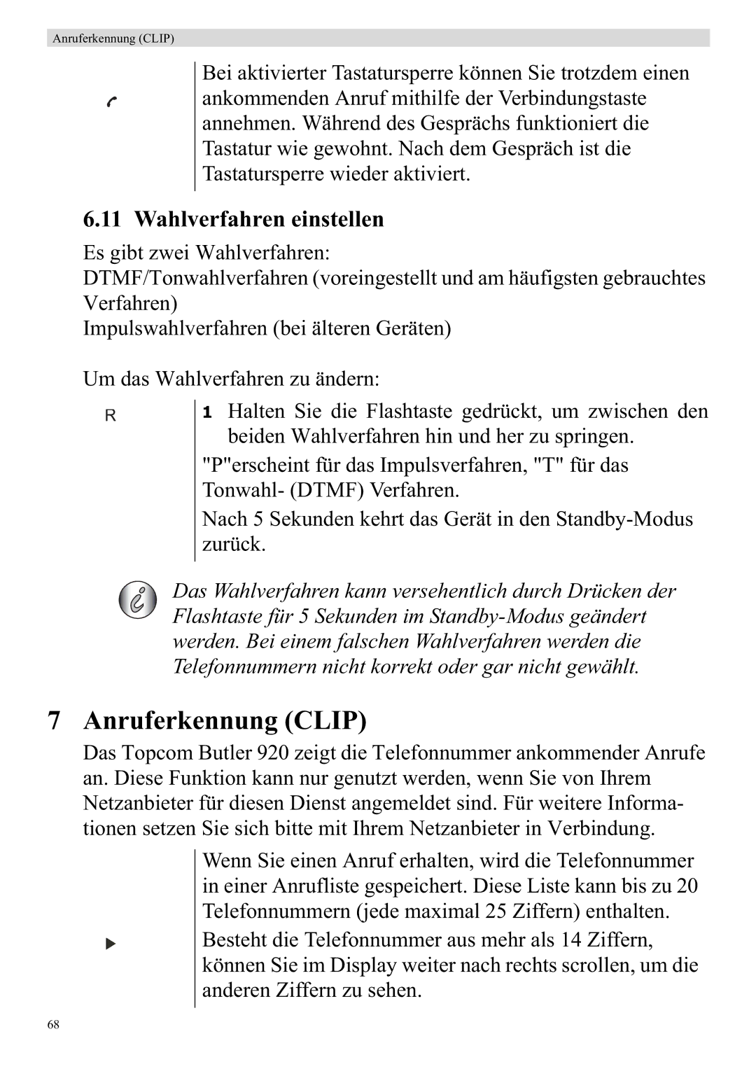 Topcom 920 manual Anruferkennung Clip, Wahlverfahren einstellen 