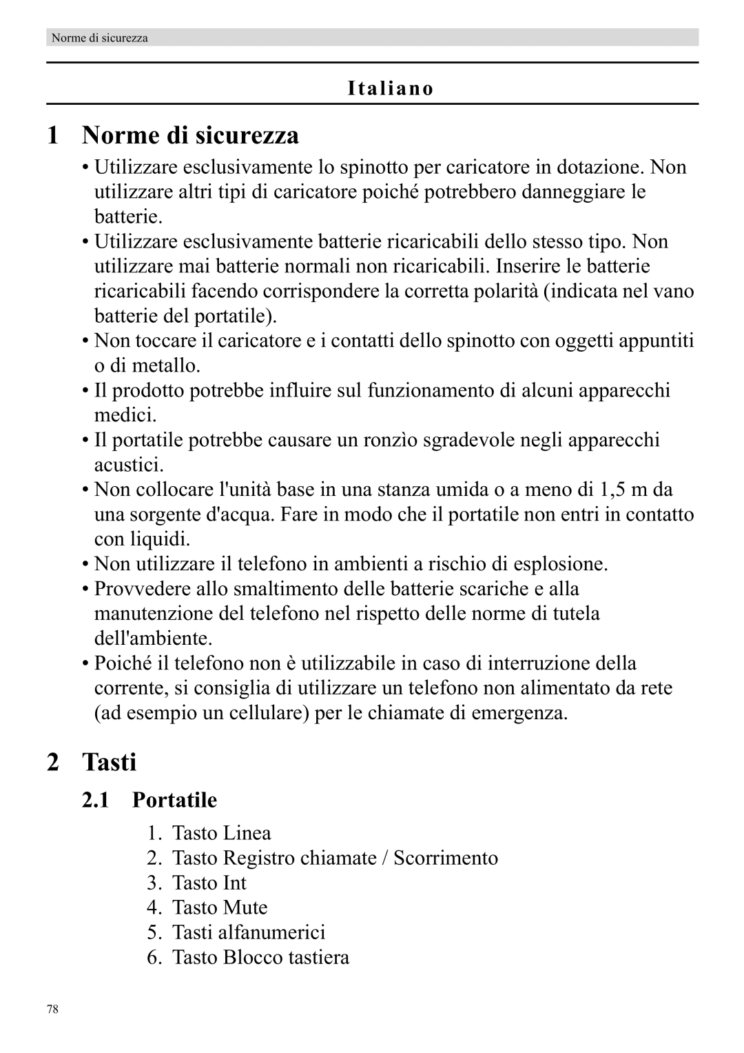 Topcom 920 manual Norme di sicurezza, Tasti, Portatile 