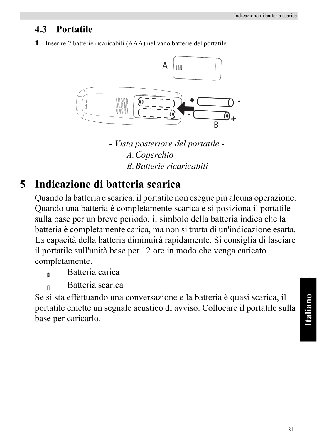 Topcom 920 manual Indicazione di batteria scarica, Portatile 