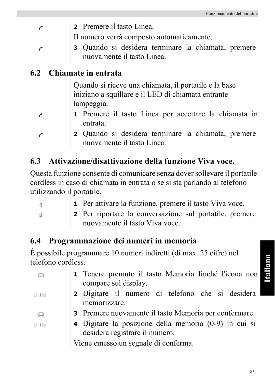 Topcom 920 Chiamate in entrata, Attivazione/disattivazione della funzione Viva voce, Programmazione dei numeri in memoria 