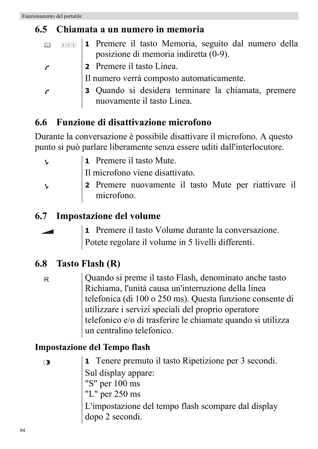 Topcom 920 Chiamata a un numero in memoria, Funzione di disattivazione microfono, Impostazione del volume, Tasto Flash R 