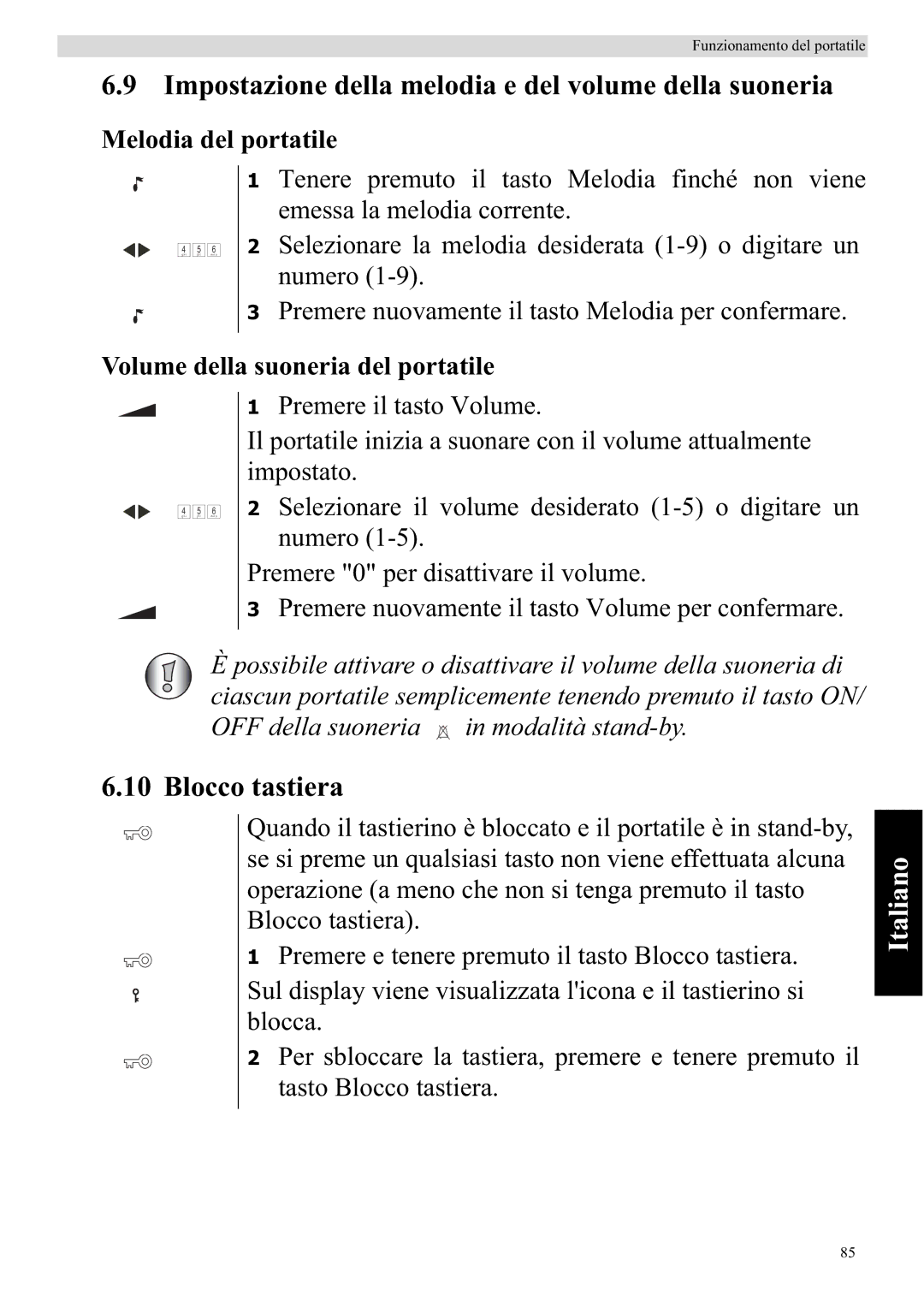 Topcom 920 manual Impostazione della melodia e del volume della suoneria, Blocco tastiera, Melodia del portatile 