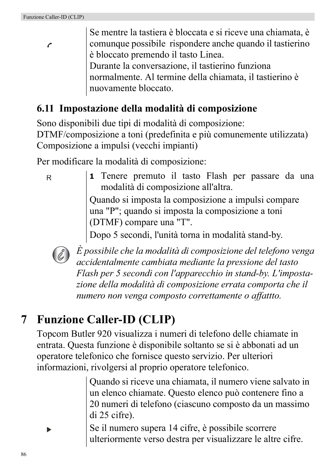 Topcom 920 manual Funzione Caller-ID Clip, Impostazione della modalità di composizione 