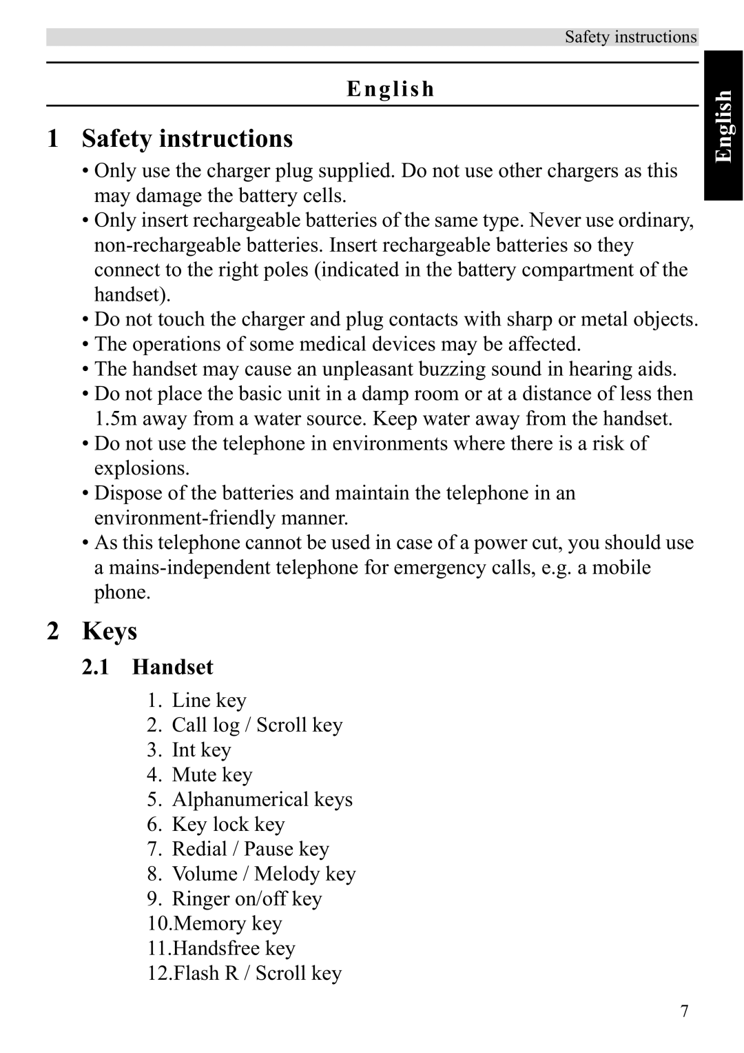 Topcom 920 manual Safety instructions, Keys, English, Handset 