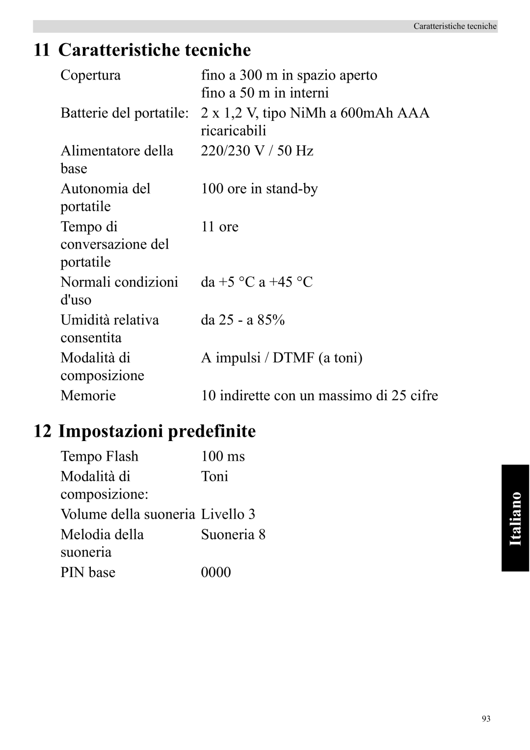 Topcom 920 manual Caratteristiche tecniche, Impostazioni predefinite 