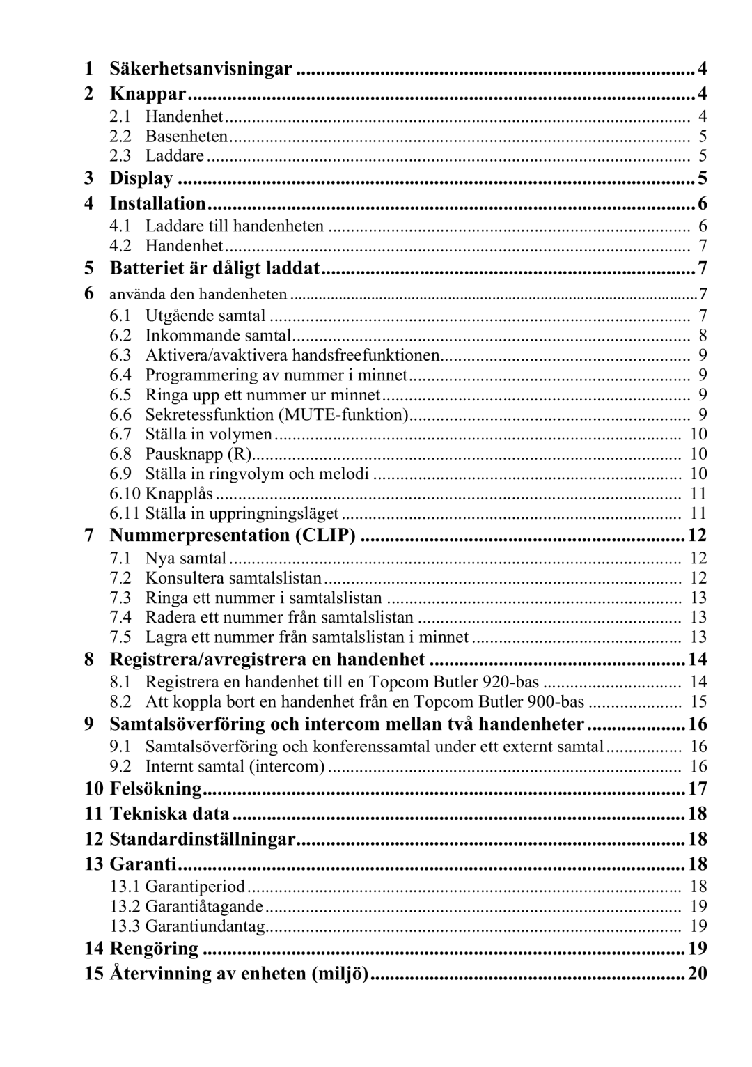 Topcom 920 manual Säkerhetsanvisningar Knappar 