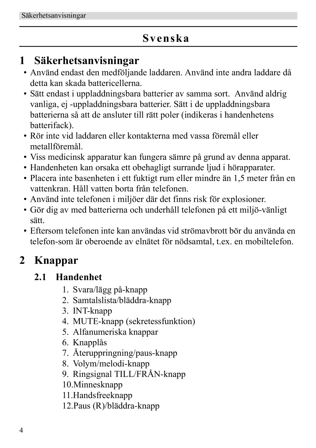 Topcom 920 manual Svenska Säkerhetsanvisningar, Knappar, Handenhet 