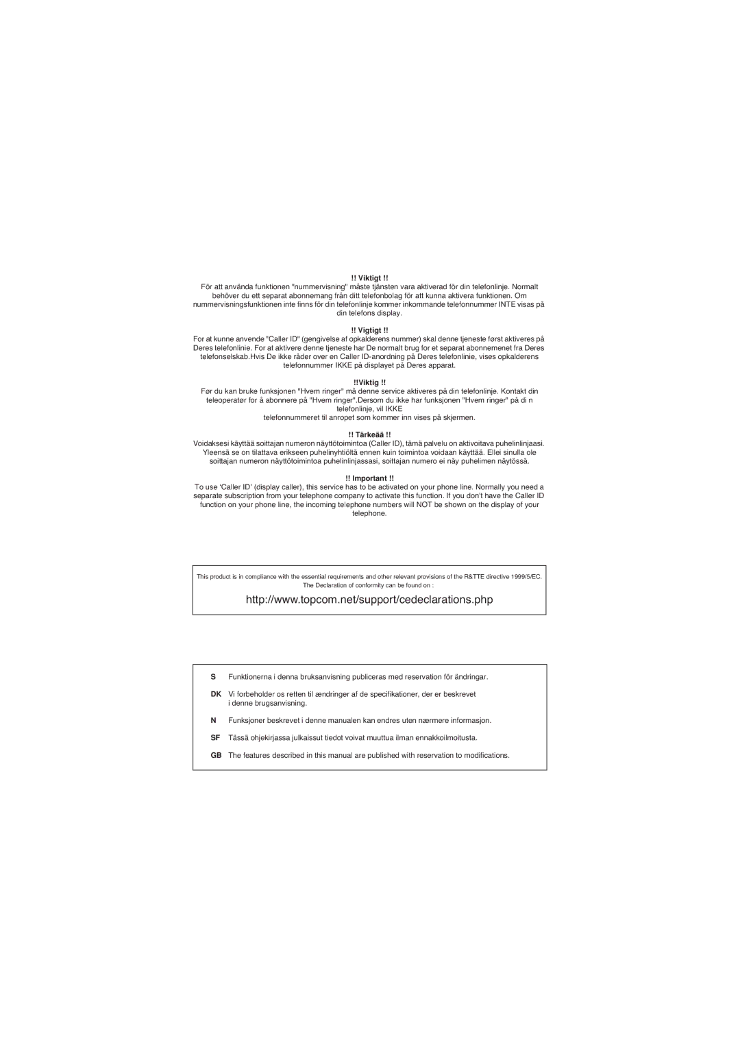 Topcom 95 DUO user manual Viktigt 