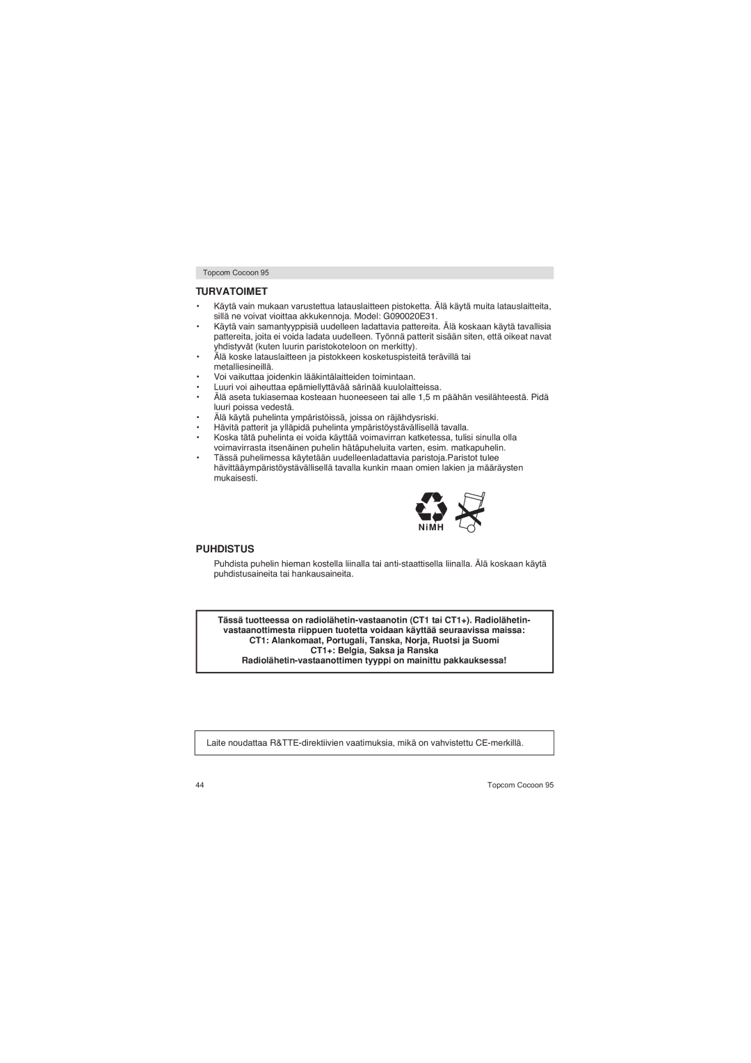 Topcom 95 DUO user manual Turvatoimet, Puhdistus 