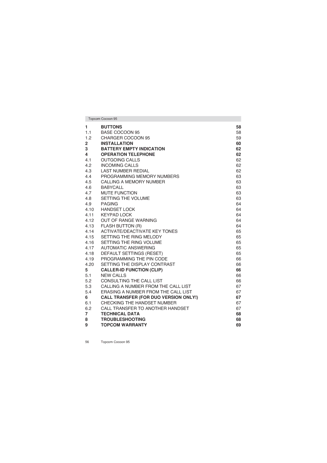 Topcom 95 DUO user manual Buttons, Installation Battery Empty Indication Operation Telephone, CALLER-ID Function Clip 
