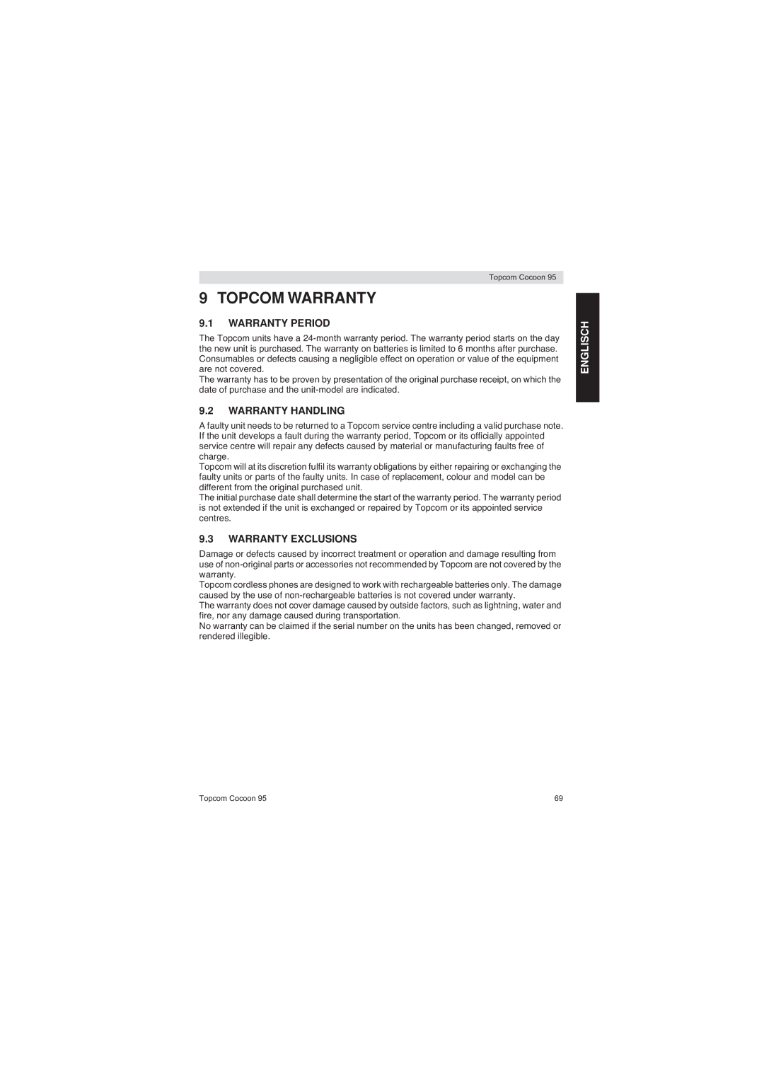 Topcom 95 DUO user manual Topcom Warranty, Warranty Period, Warranty Handling, Warranty Exclusions 